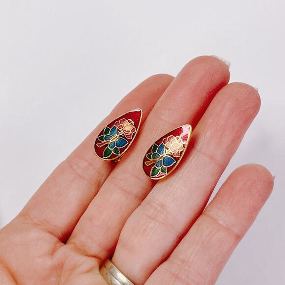 Vintage Cloisonne Red Enamel Butterfly Floral Gold Tone Clip On Earrings - Picture 7 of 10